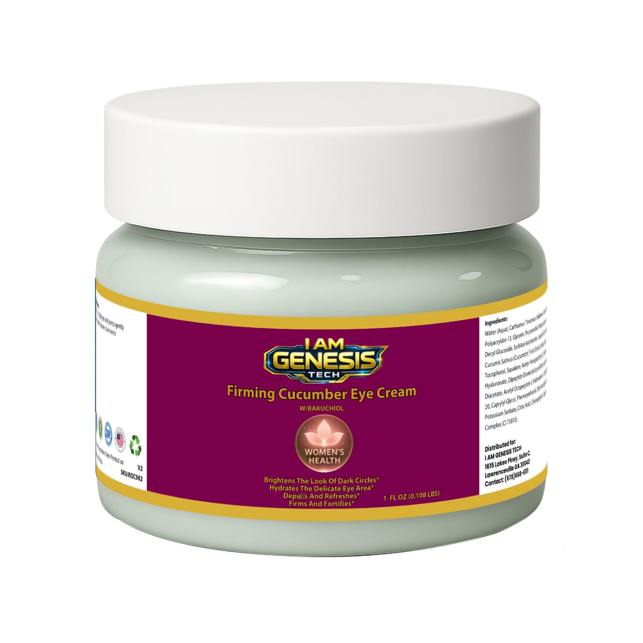 Firming Cucumber Eye Cream w/Bakuchiol, USA Made, Clean & Vegan